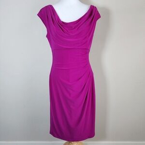 Lauren Ralph Lauren Cowl Neck Ruched Sheath Dress Womens 8 Magenta Event Formal